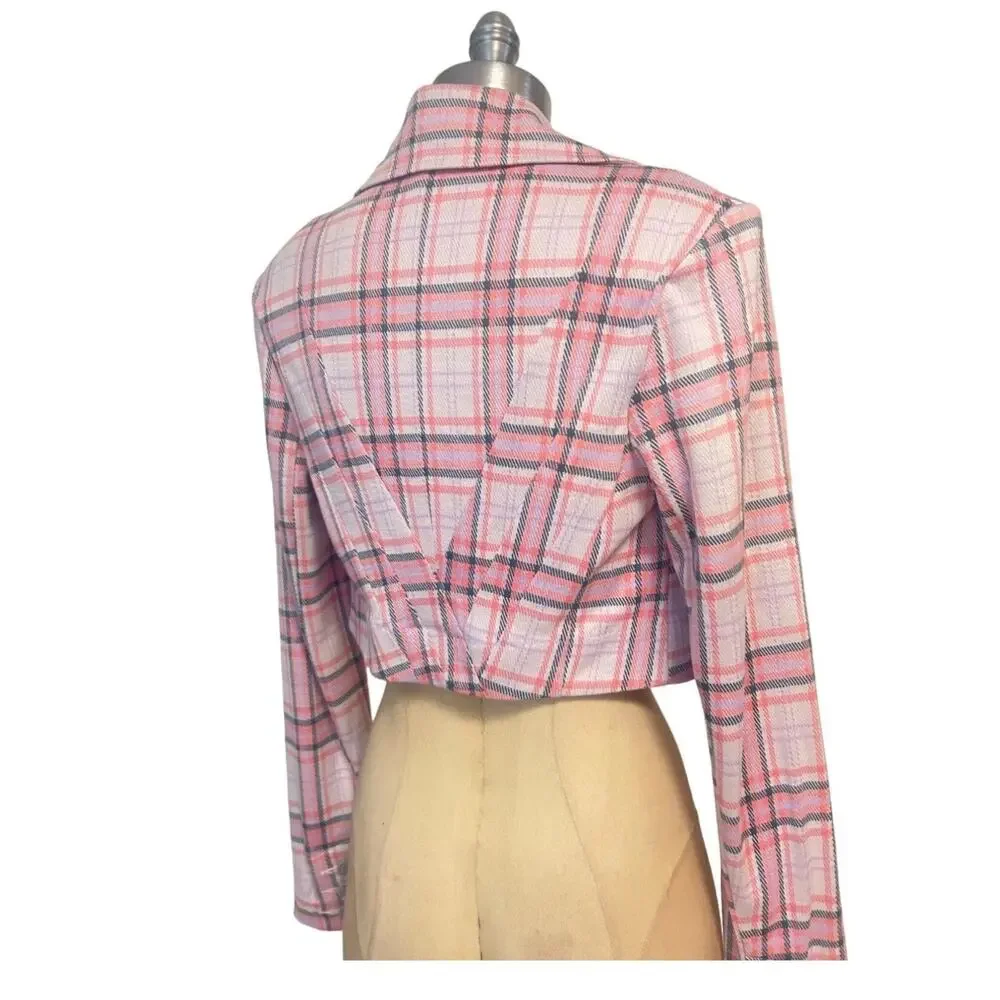 Cabi Playdate Plaid Pink Cropped Blazer Jacket Size Small #6257 Soft Stretch - Picture 3 of 8